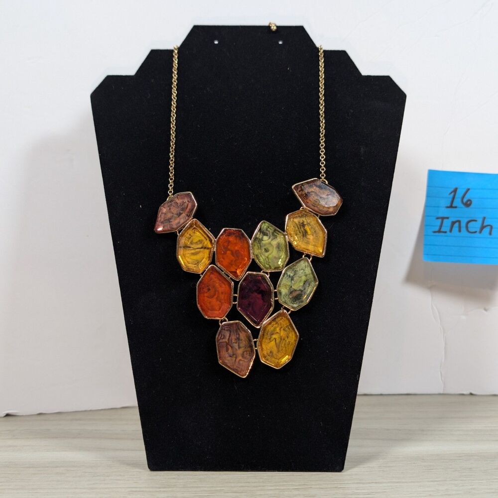 Statement Necklace Multicolor Resin Geometric Bib Gold Tone 16in